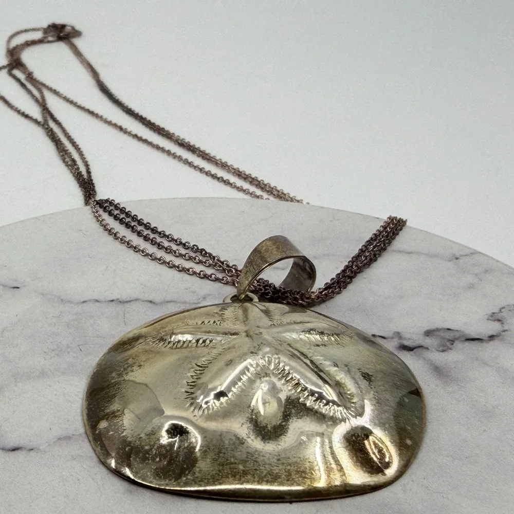 Necklace Sand Dollar Pendant Vintage Gold Tone Chain Organza Ribbon Cord Set